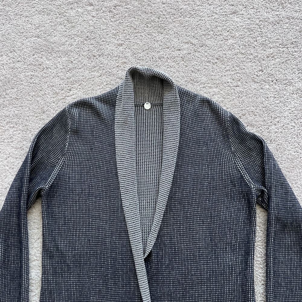Margaret O'Leary Two Tone Open Front Cardigan Sweater Womens M Blue Pockets - Picture 4 of 14